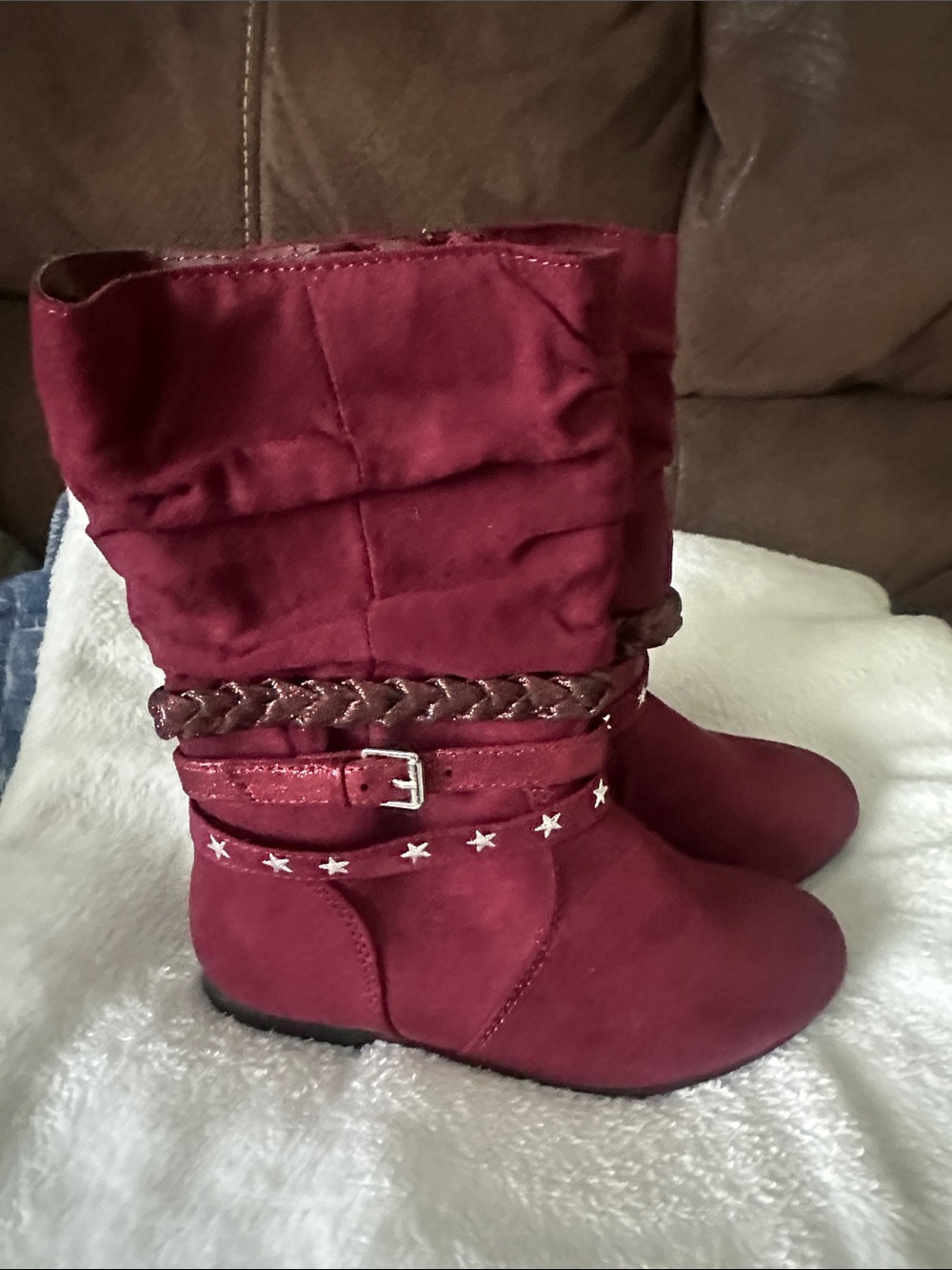 Girls Burgundy Suede-Look Mid-Calf Boots with Braided Strap